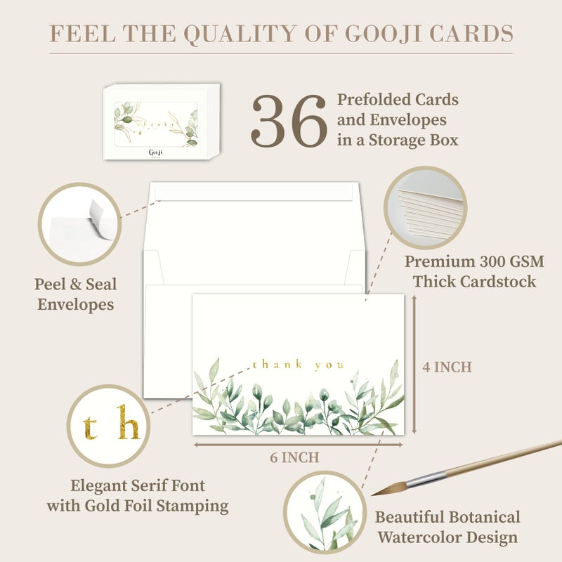Gooji 4x6 Golden Greenery Thank You Cards with Envelopes (Bulk 36-Pack) | Wedding Thank You Cards, Bridal Shower Thank You Cards, Birthday Party, Baby Shower, Blank Notes Small Business - Image 3